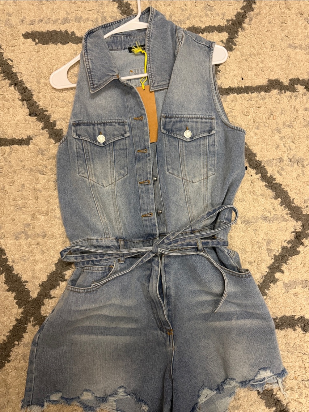 Vici Light Blue Denim Sleeveless Romper with Tie Waist